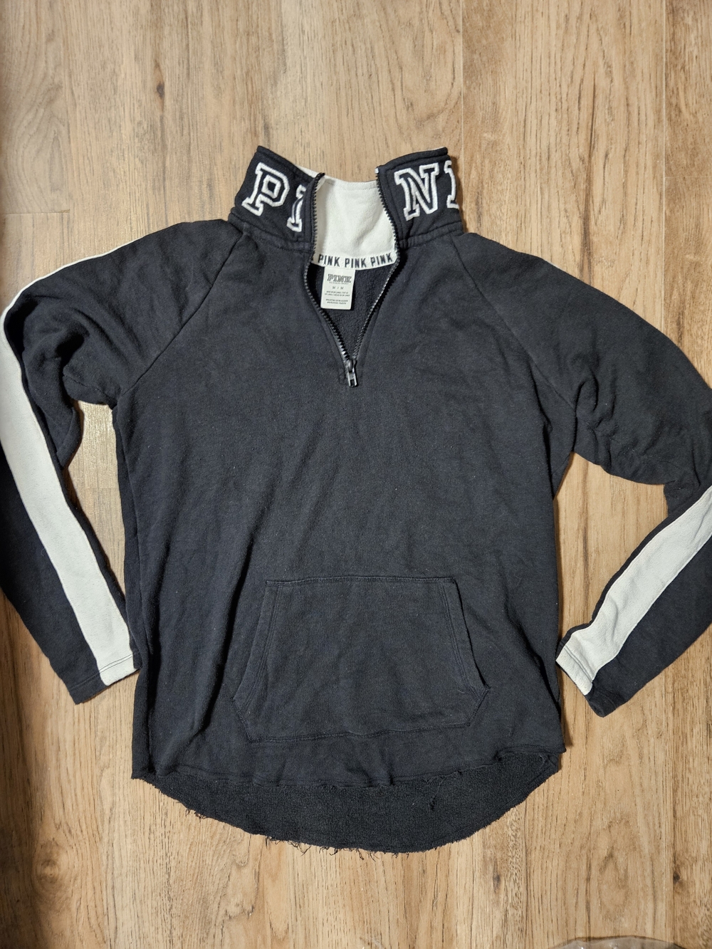 PINK Victoria's Secret Black Quarter-Zip Sweatshirt with White Sleeve Stripes